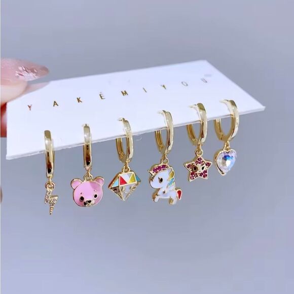 14K Gold Plated Tokidoki Theme Huggie Hoop Asymmetrical Mismatched Earri… - Picture 2 of 6